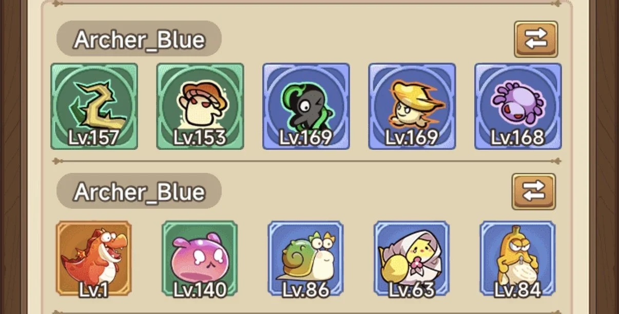 Screenshot of a list of Pokémon with names, levels, and icons, including Z, a mushroom, a black creature, a fiery creature, and a pink creature, organized in rows.