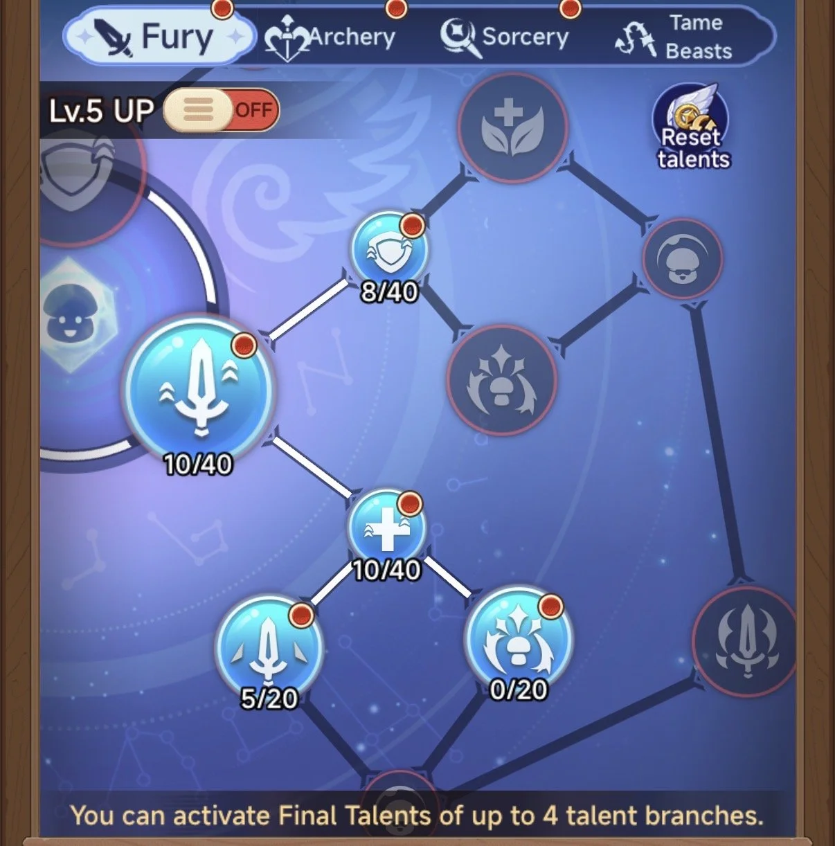 Video game skill tree screen with branches and nodes labeled with skill names and levels, focused on Fury skill branch.