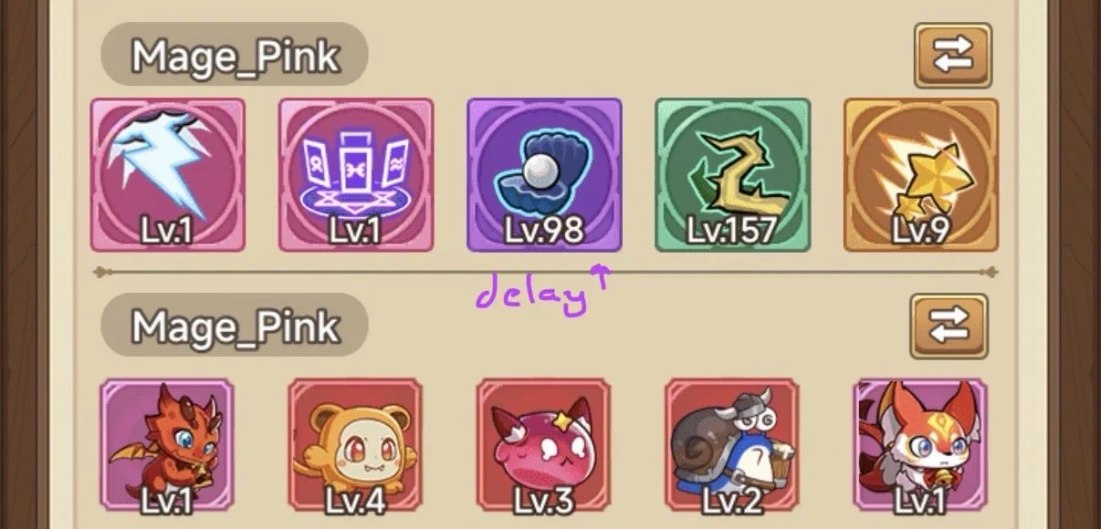 Screenshot of a game screen showing two sets of characters labeled "Mage_Pink," with various levels and icons, and a handwritten note with an arrow pointing to a purple icon mentioning "delay."