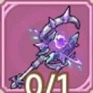 Icon of a purple and gray staff with glowing purple orbs and runes, on pink background, with '0/1' at the bottom.