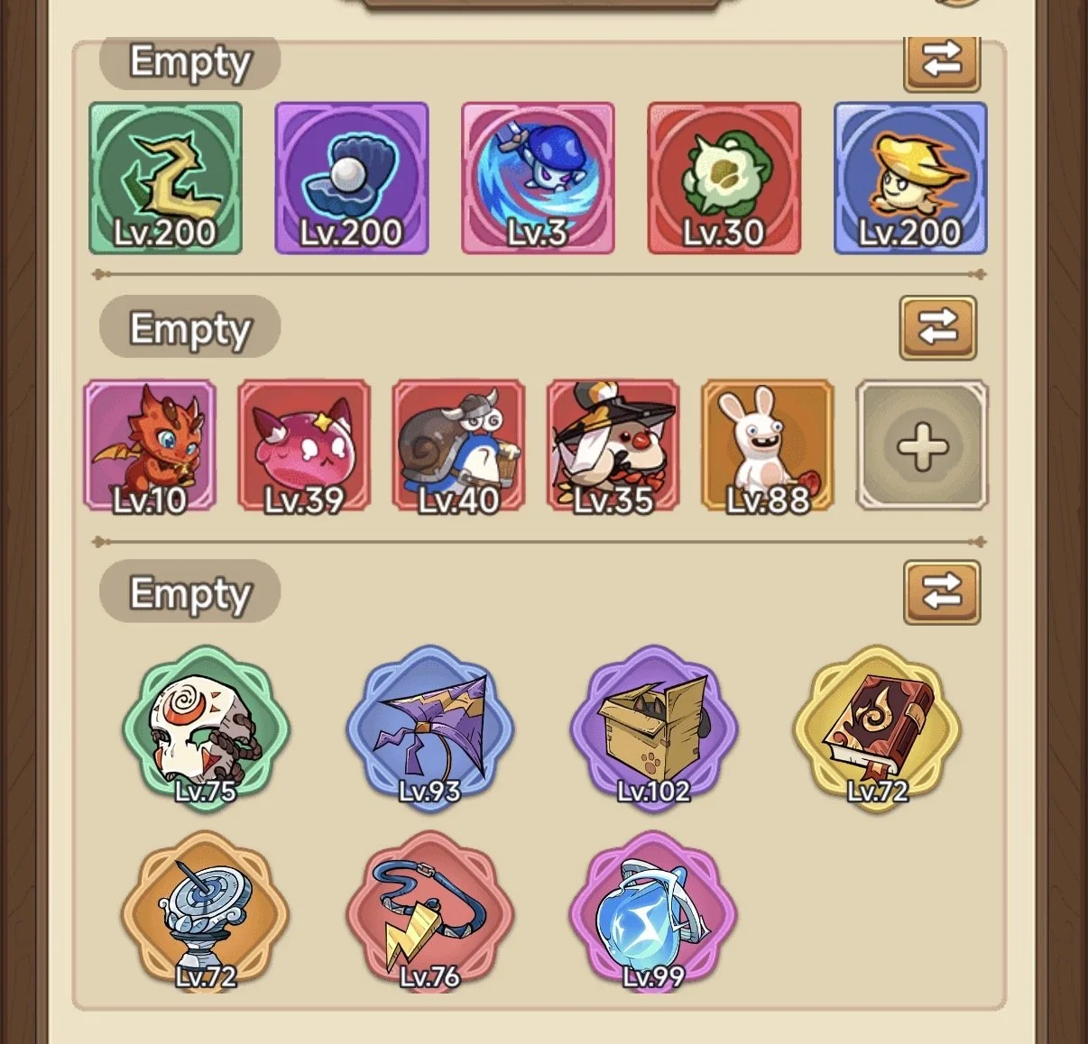 Screenshot of a game inventory showing various characters and items organized into three tiers, with characters at levels ranging from 3 to 102 and items from level 72 to 99.