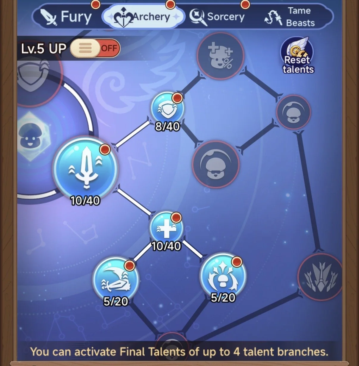 Video game skill tree interface for the 'Archery' skill, with various ability icons, progress levels, and connections. The top menu shows categories: Fury, Archery, Sorcery, Tame Beasts. The bottom text indicates activation of final talents for four talent branches.