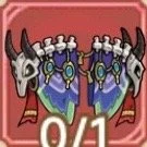 Two carabiners with animal skulls attached to a medieval shield with a sword and shield design, and a red background