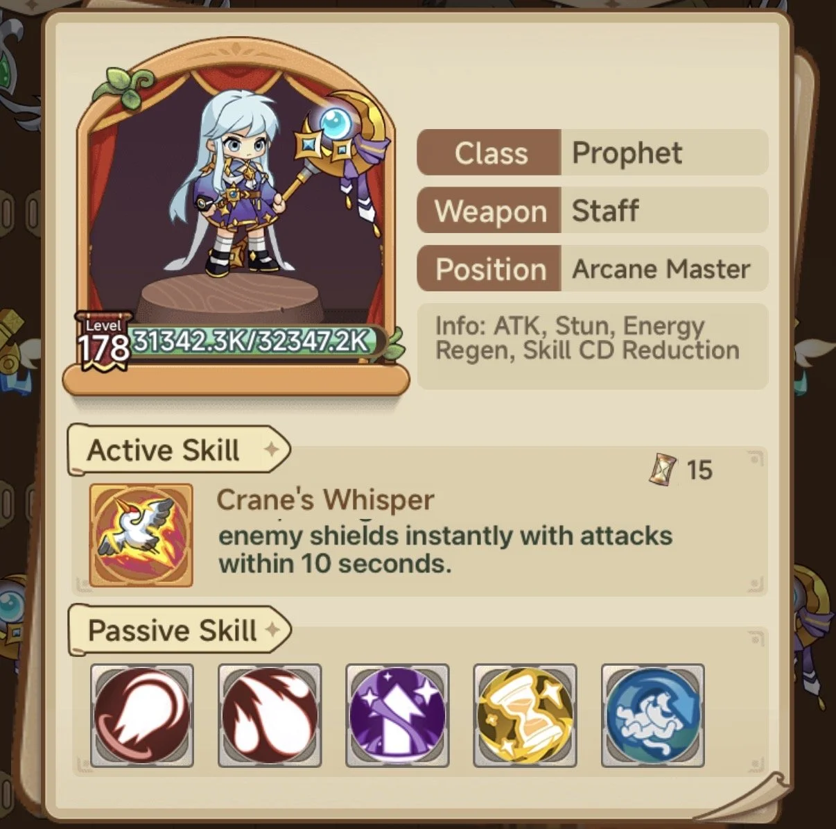 A video game character card for a Prophet-class Arcane Master with long white hair, dressed in blue and gold attire, holding a staff, standing on a brown platform with levels 178 and health points 31,342.3K/32,347.2K. The card displays active skill Crane's Whisper and several passive skills.