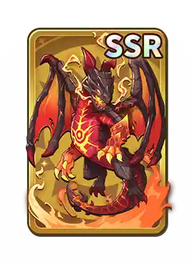 A fiery dragon character with black scales, red and orange flames, and wings, labeled 'SSR' in a game card style.