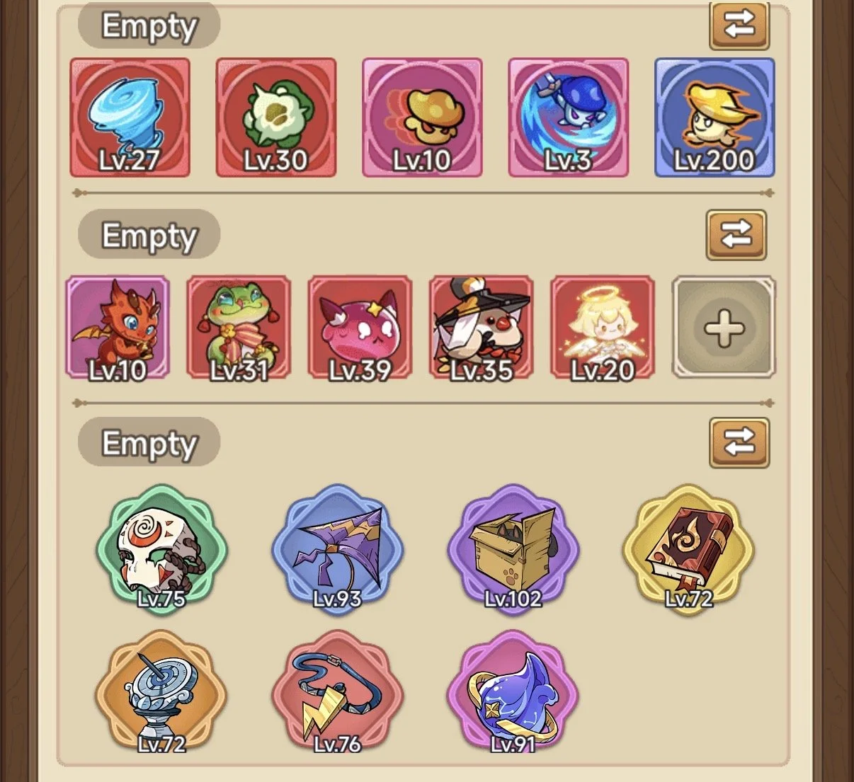 Screenshot of a game inventory showing multiple characters and items, organized into three sections with levels and empty slots.