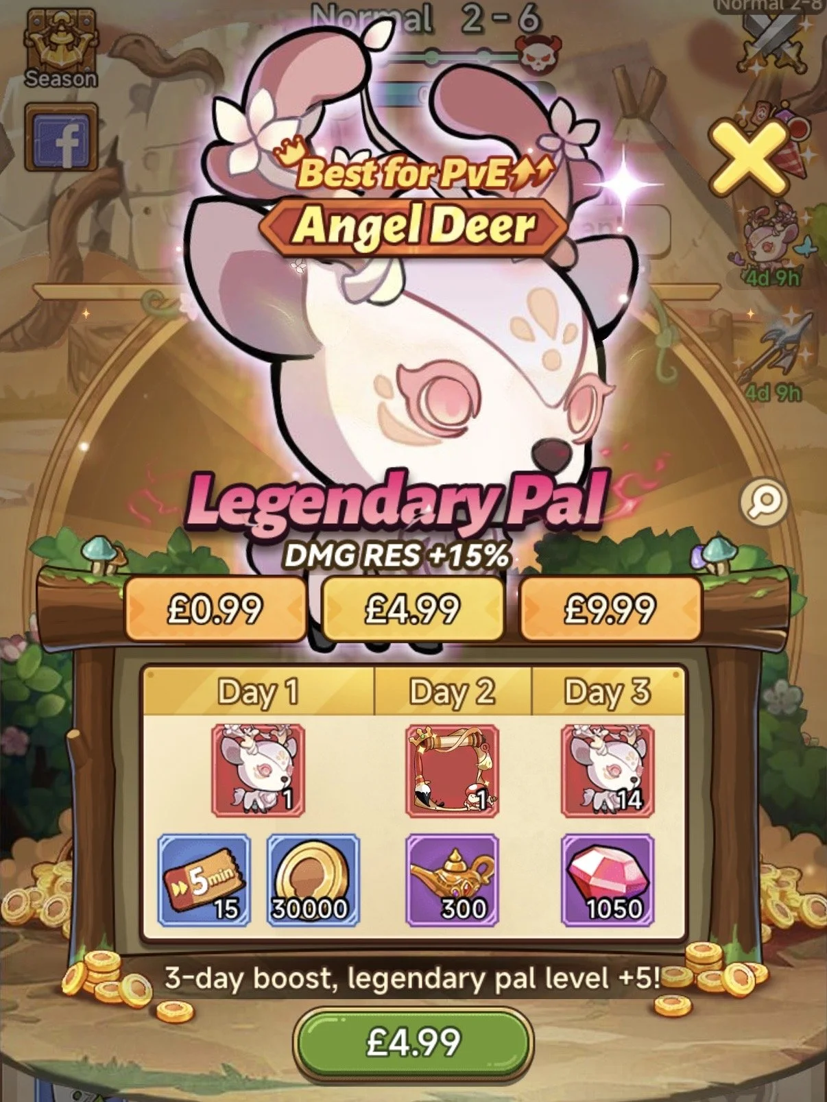 In-game shop screen for a mobile game featuring Angel Deer, a legendary animal with a pink and white cartoon deer illustration, displaying prices and daily offers.