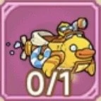 A yellow duck with goggles swimming with a tiny fish on its head, in a pink background with a '0/1' label.