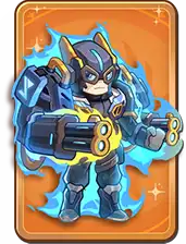 Cartoon character in futuristic armor holding two guns, with glowing blue accents and an orange background.
