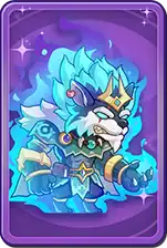 A fierce, armored lion with blue fiery mane and a crown, holding a cannon, set against a purple background.