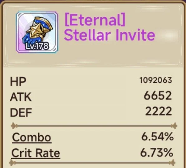 In-game item named '[Eternal] Stellar Invite', a level 178 badge or icon with a blue background, star, and ribbon symbols. The item displays stats including HP 1,092,063, ATK 6,652, DEF 2,222, with 6.54% combo chance and 6.73% critical rate.