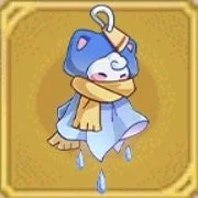 Cartoon of a blue mouse wearing a yellow scarf and a raincoat, hanging from an umbrella with a cheerful background.