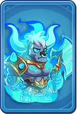 Cartoon-style blue minotaur character with glowing blue horns, armor, and a stern expression.