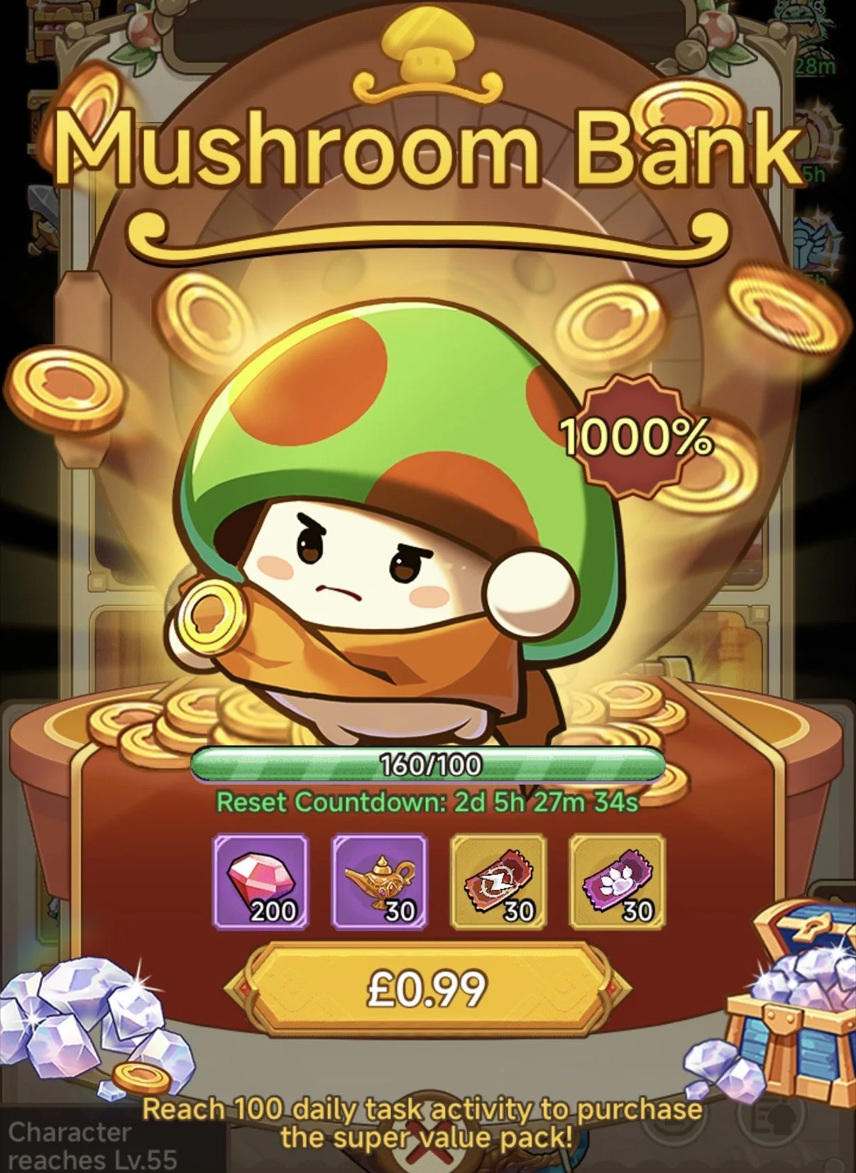 A cartoon character with a camouflage mushroom hat, inside a mushroom bank game with coins falling around, a green progress bar at 160/100, a reset countdown timer, and four icons showing rewards including gems, a lamp, and two types of tickets, for a cost of £0.99.