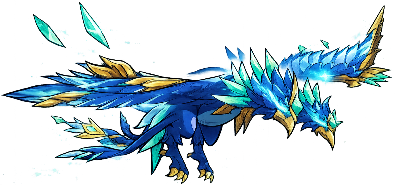 A detailed, colorful illustration of a blue and gold dragon with large wings and sharp features, depicted in a dynamic flying pose.