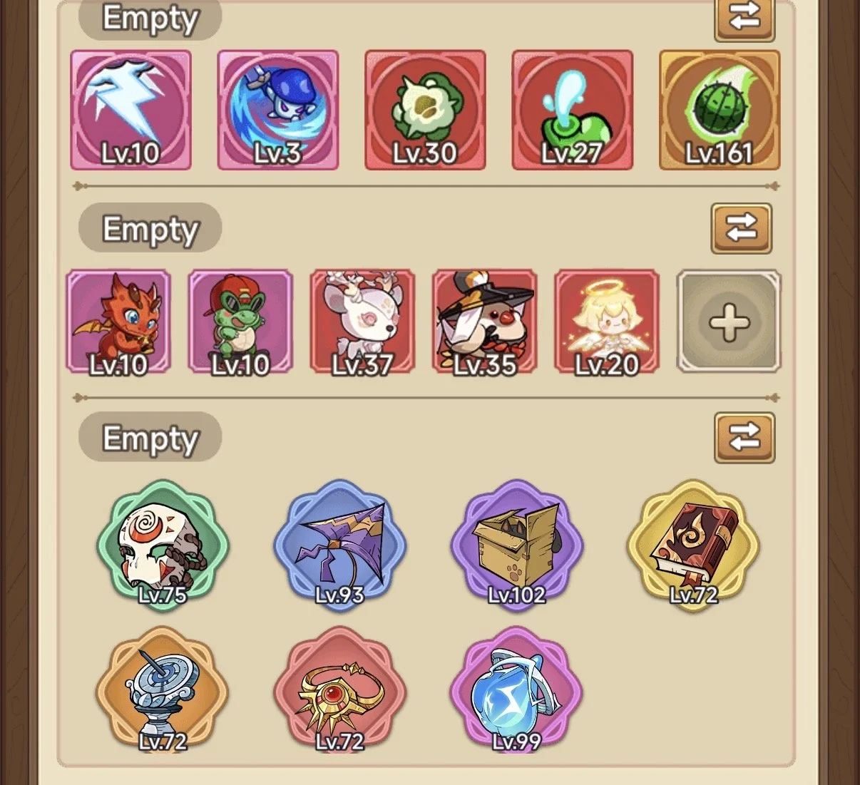 Screenshot of a mobile game inventory showing various characters and items organized in rows with names, levels, and different icons.