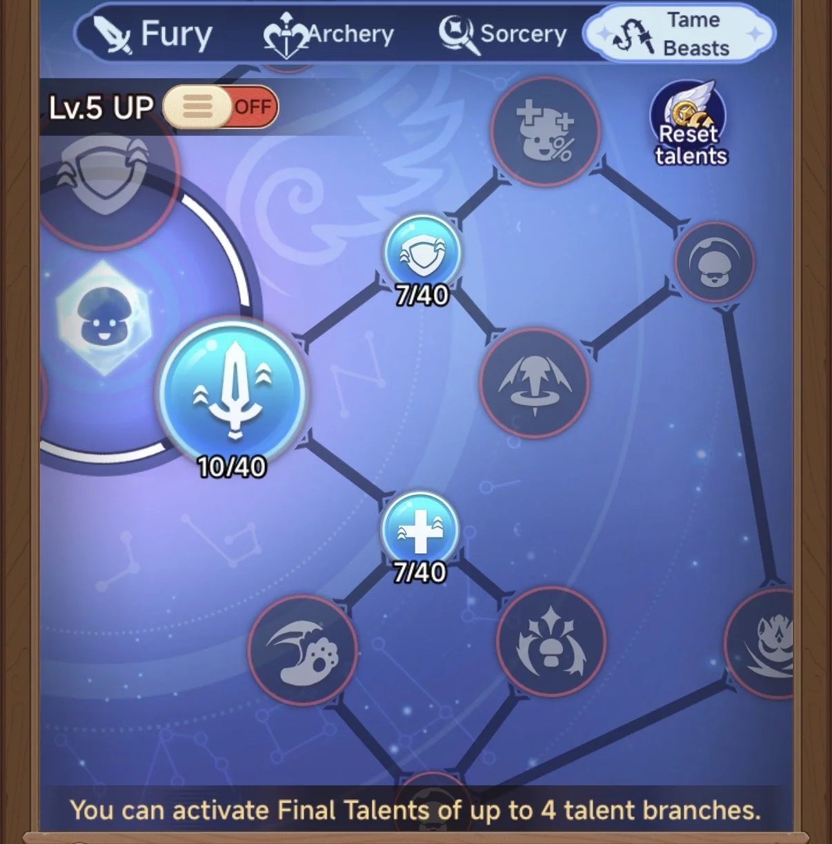 Screenshot of a game skill tree interface showing different talent branches labeled Fury, Archery, Sorcery, and Tame Beasts. The Fury branch is highlighted, displaying skill levels such as 10/40 and 7/40, with a note that up to four talent branches can be activated.