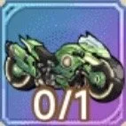 A green, armored motorcycle against a blue background with a purple border and '0/1' text overlay.