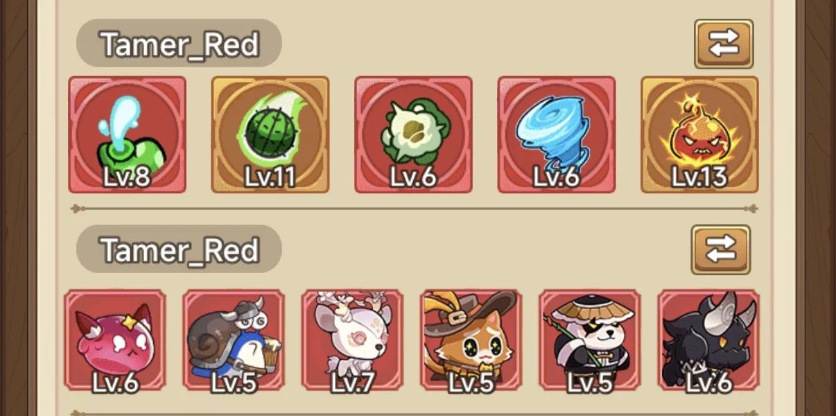 In-game screen displaying two teams of cartoon-style characters with levels, labeled Tamer_Red, set against a beige background.