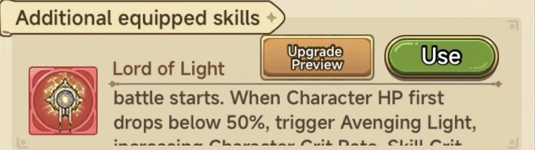 Screenshot of an in-game skill description named 'Lord of Light' showing its effects and an 'Upgrade Preview' button, with a 'Use' button enabled.