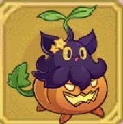 A cartoon pumpkin with a purple face, yellow eyes, and a green sprout on top, with a mischievous grin and a small green leaf on its side.