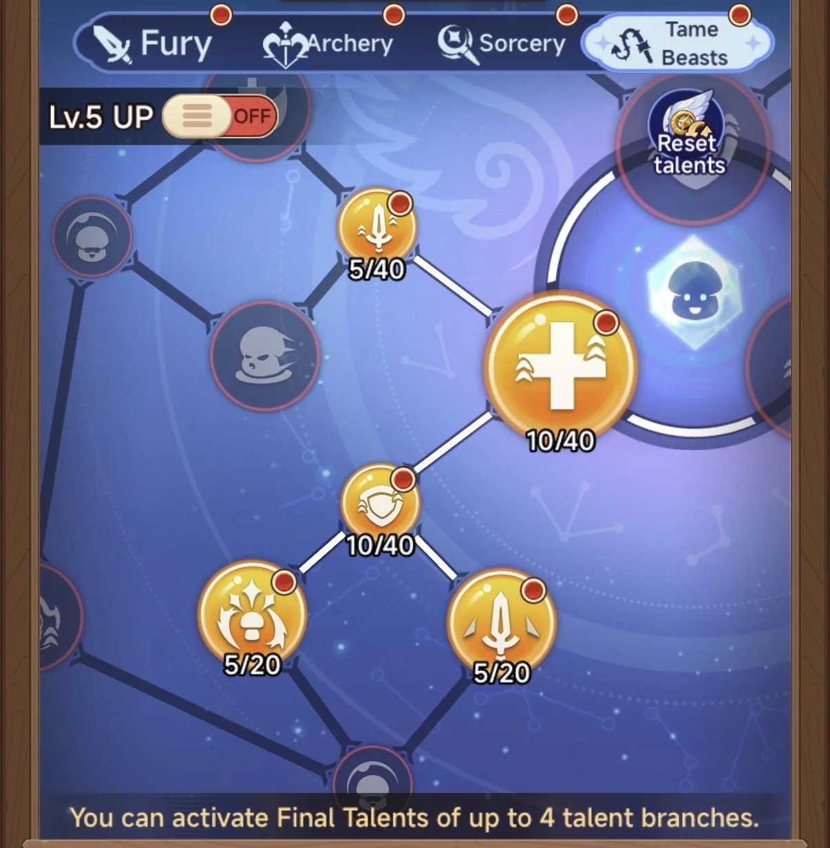 Screenshot of a game interface with a talent tree under the 'Tame Beasts' category. The tree shows various talent icons with progress bars and nodes connecting them, such as 'Lv.5 UP'. The top menu has icons labeled 'Fury', 'Archery', 'Sorcery', and 'Tame Beasts'. There is a note at the bottom stating, 'You can activate Final Talents of up to 4 talent branches.'