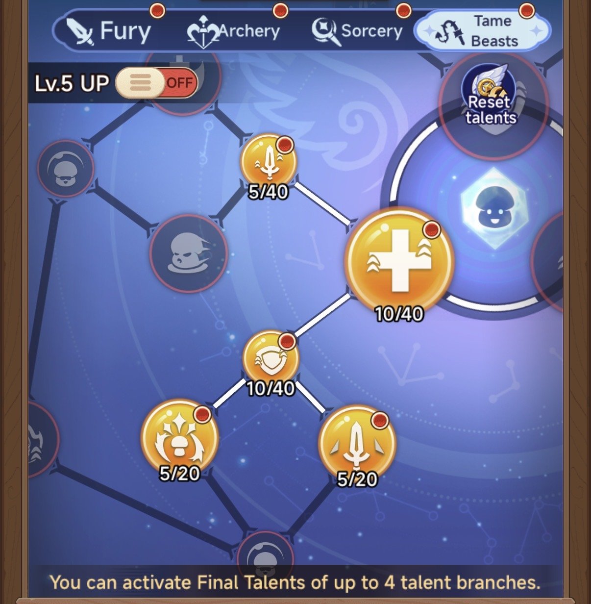 Screenshot of a game interface with a talent tree under the 'Tame Beasts' category. The tree shows various talent icons with progress bars and nodes connecting them, such as 'Lv.5 UP'. The top menu has icons labeled 'Fury', 'Archery', 'Sorcery', and 'Tame Beasts'. There is a note at the bottom stating, 'You can activate Final Talents of up to 4 talent branches.'
