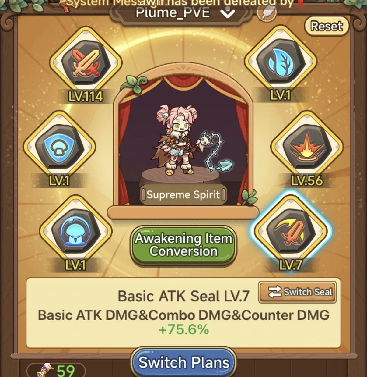 In a game interface, a character called Supreme Spirit is displayed on a stage with a dark background and red curtains. Surrounding the character are six icon seals with different symbols and levels. The character is a small, humanoid figure with pink hair, green eyes, and medieval-inspired clothing, holding a staff. The interface includes buttons labeled 'Awakening Item Conversion' and 'Switch Plans,' along with a description of an attack seal at level 7.