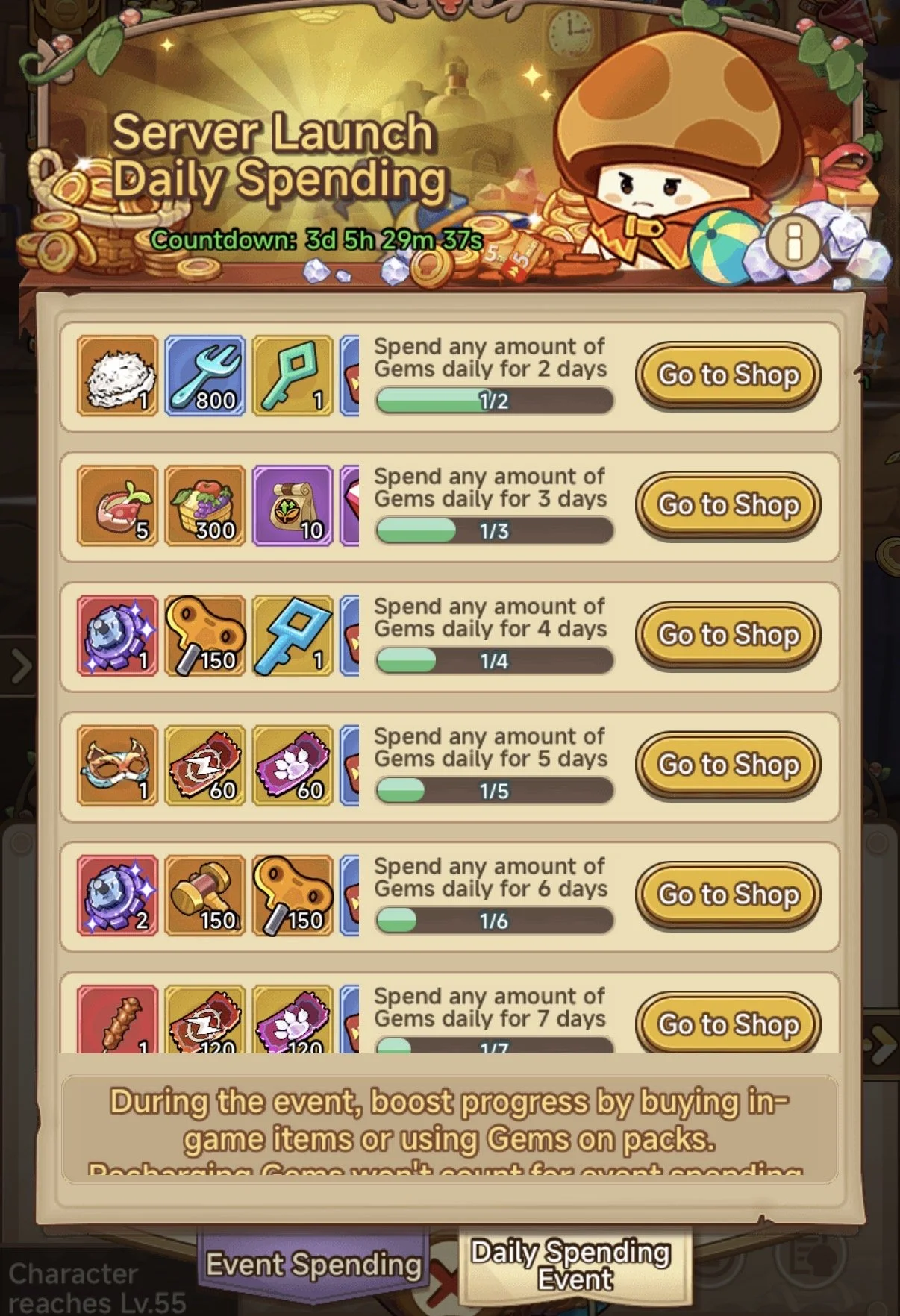 In-game menu for a daily spending event in a mobile game with various tasks requiring players to spend gemstones over different numbers of days, alongside shop buttons for each task.