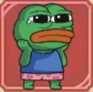 Cartoon frog character with a sad expression, wearing a purple dress and standing against a pink background.