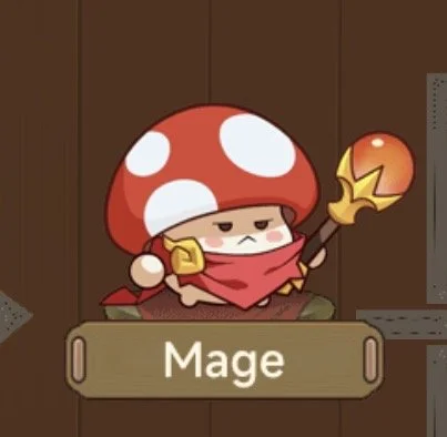 Cartoon mage character with a red mushroom cap hat, holding a staff, sitting on a wooden surface with a "Mage" label.