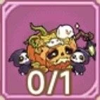 A cartoon of a scary pumpkin with a face, surrounded by small black skulls, with a pink background and a '0/1' score at the bottom.