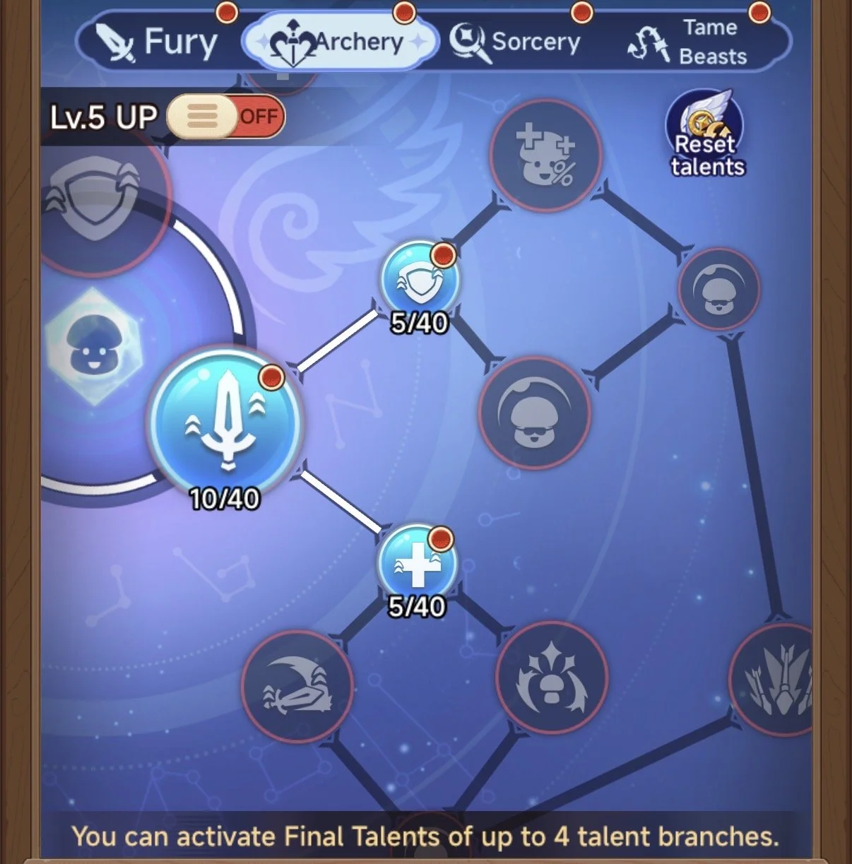 Screenshot of a talent tree screen from a game, showing focus on the 'Archery' skills tab. The tree displays various talents, with some fully upgraded and others partially. The talents are represented by icons connected with lines, indicating the progression path. The screen includes options to reset talents and an instructive message at the bottom about activating final talents.