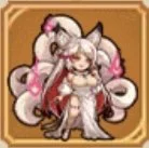 Anime-style character with long pink and white hair, fox ears, and a white dress, sitting on a wooden floor.