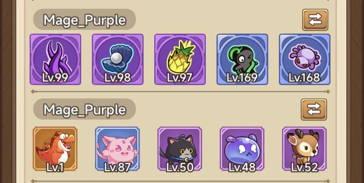 An in-game screenshot showing two teams of fantasy creatures labeled 'Mage_Purple' in a mobile game. The top team has six characters at levels 99, 98, 97, 169, and 168, featuring purple and green sprites. The bottom team has five characters at levels 1, 87, 50, 48, and 52, with colorful fantasy designs.