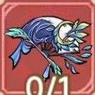 A digital illustration of a fish character on a pink background with the number 0/1 displayed below.