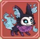 Stylized cartoon cat with blue flames and purple accents on a red background.