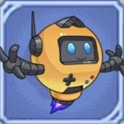 Cartoon robot with a yellow body, blue eyes, and black antennas, floating with a purple rocket booster.