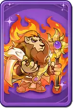 A cartoon lion character holding a fiery staff against a purple background, with flames surrounding it.