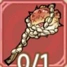 A cartoon character with a stressed or tired expression, lying down with eyes closed, surrounded by a pink background and partial in-game text showing 0/1.