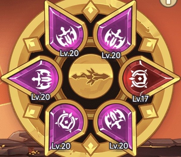 A circular game interface with six purple shields, one red shield, and a central golden sword emblem. The shields have level indicators: five shields are level 20, and one is level 17. The red shield is at level 17.