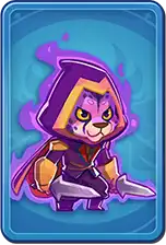 Cartoon lion dressed as a wizard with a purple cape and hat, sitting with a thoughtful expression, holding a sword.