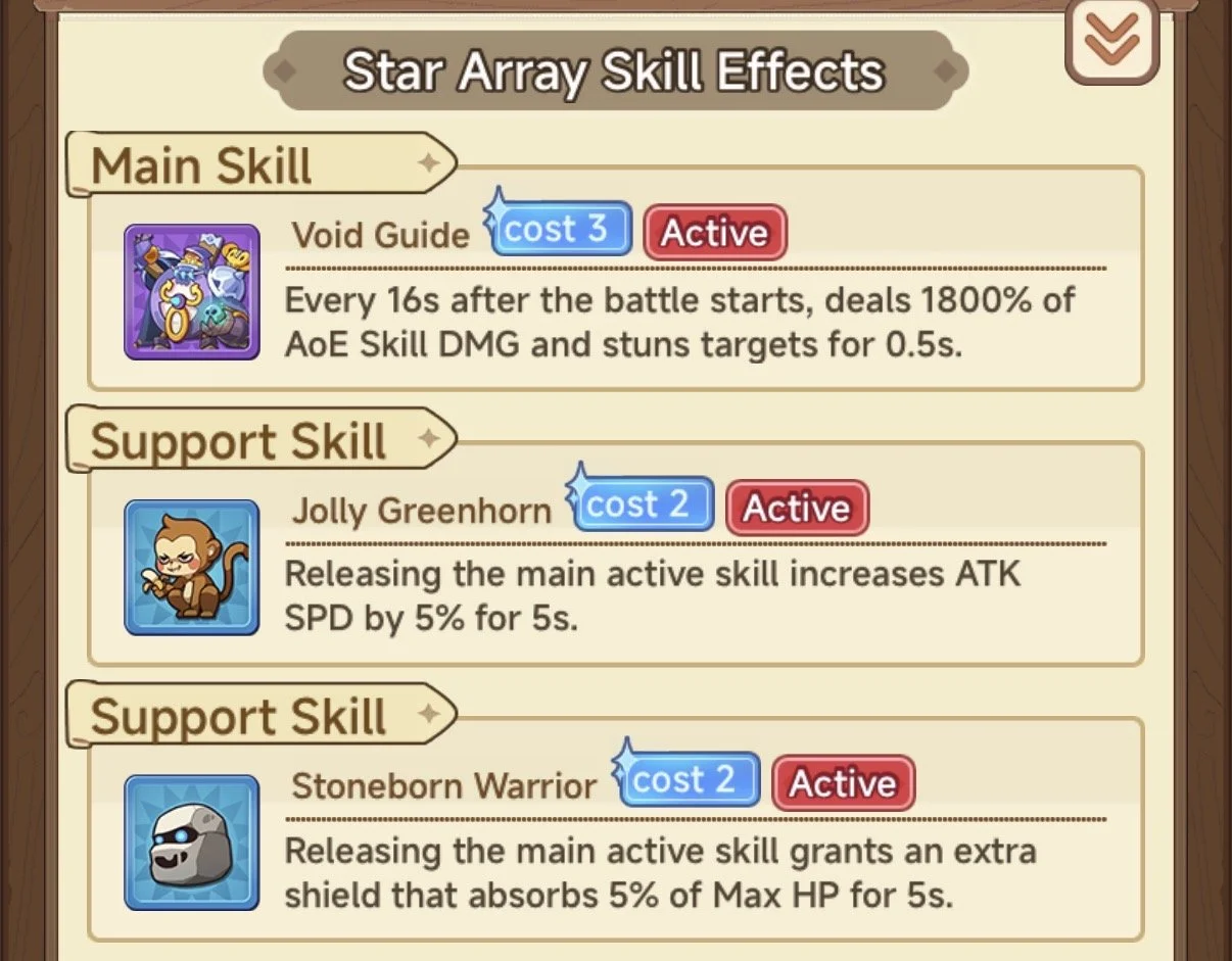 Game interface screen displaying Star Array Skill Effects, including main and support skills with details on their effects and activation.