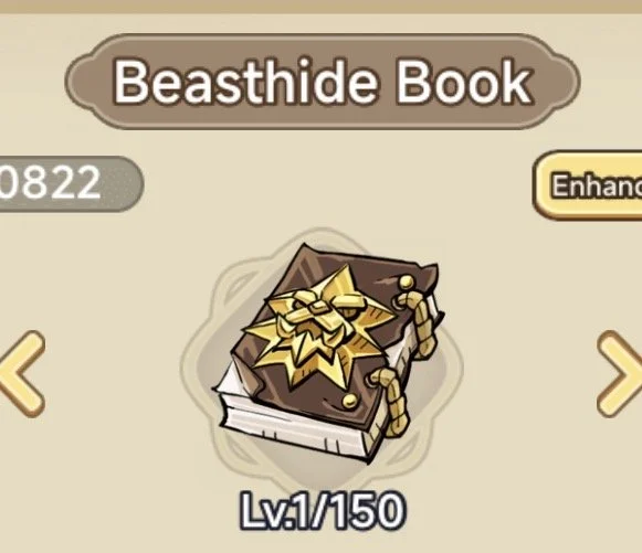 Digital image of a Beastshade Book with a gold ribbon and bow on its cover, marking level 1 out of 150 in a game interface.