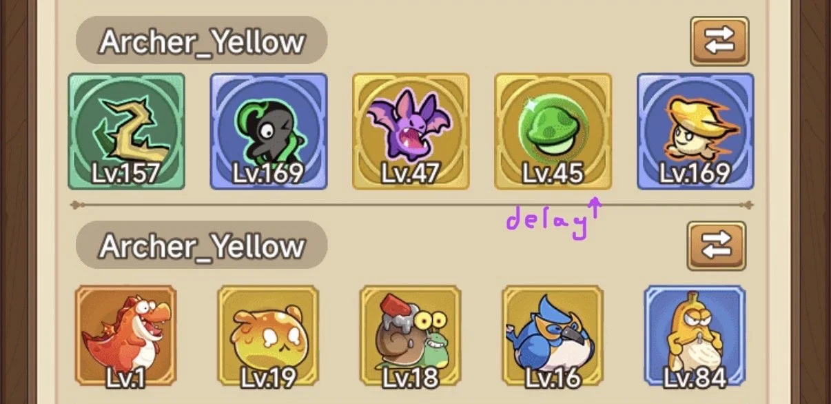 Screenshot of a game interface showing two teams of five characters each, labeled 'Archer_Yellow'. The top row includes a green zigzag arrow, a black creature with green accents, a purple bat, a green slime, and a yellow-haired character. The bottom row includes an orange dinosaur, a yellow creature with white spots, a brown critter with a red piece on its head, a blue bird, and a yellow creature with glasses. The levels of the characters are displayed below each icon.