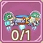 Two cartoon characters with green heads and white bodies holding a box, with a pink background and '0/1' at the bottom.