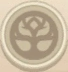 A beige circular emblem with a stylized tree design in the center.
