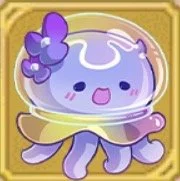 A cute illustration of a purple octopus with a smiling face, wearing a yellow scarf, framed in a decorative border.