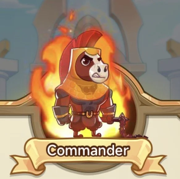 Animated dog character dressed as a commander, standing in front of a fiery background with a sword in hand and a determined expression, labeled 'Commander'.