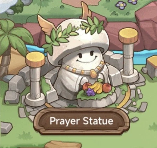 A cartoon-style prayer statue with a mushroom cap head, wings on top, and a necklace, holding a tray of fruit, surrounded by pillars and greenery.